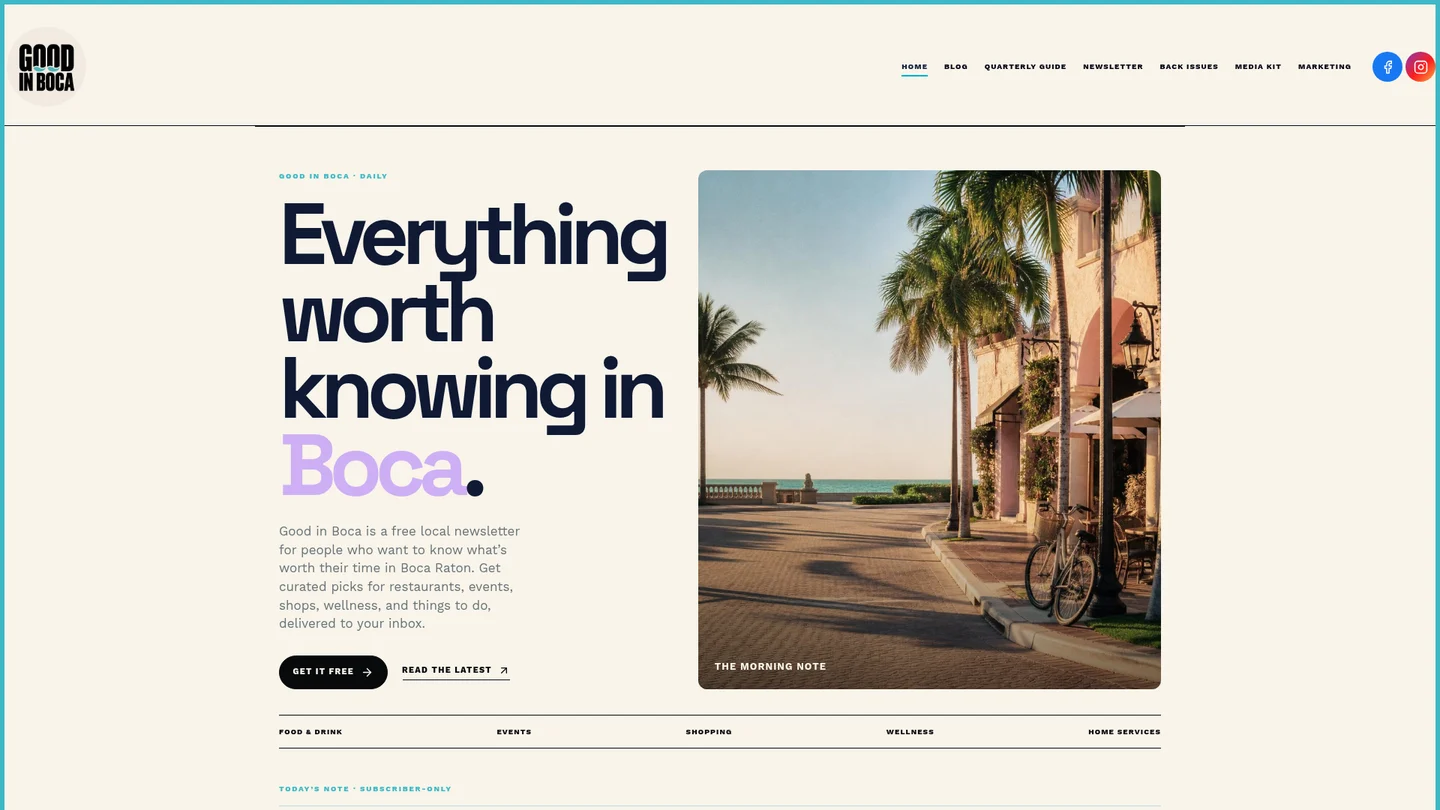 Good in Boca: local newsletter website designed by Media Ops Machine