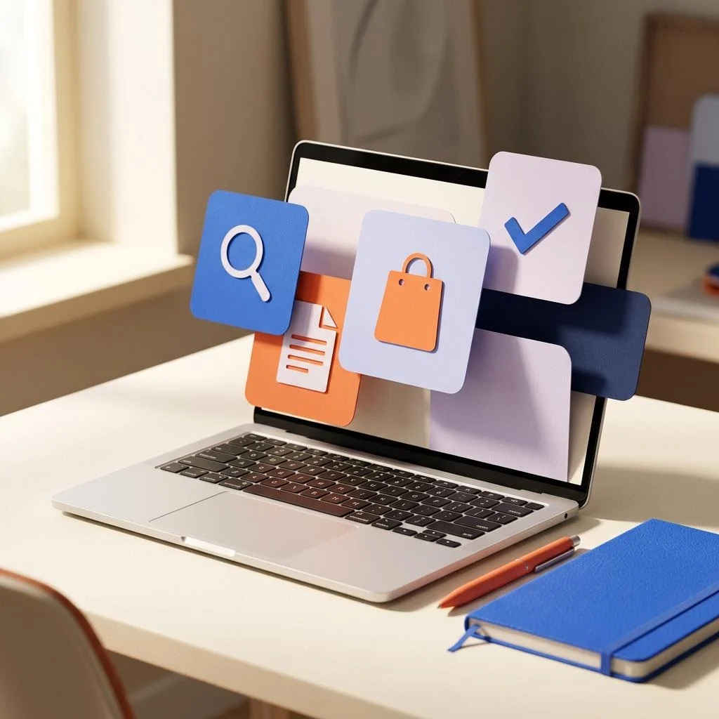 Editorial illustration of a silver laptop with research, document, shopping, and checklist motifs on a colorful creative workspace