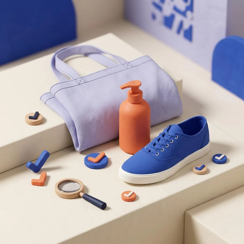 Editorial illustration of a sneaker, cosmetic bottle, and tote bag with magnifying-glass and checkmark motifs