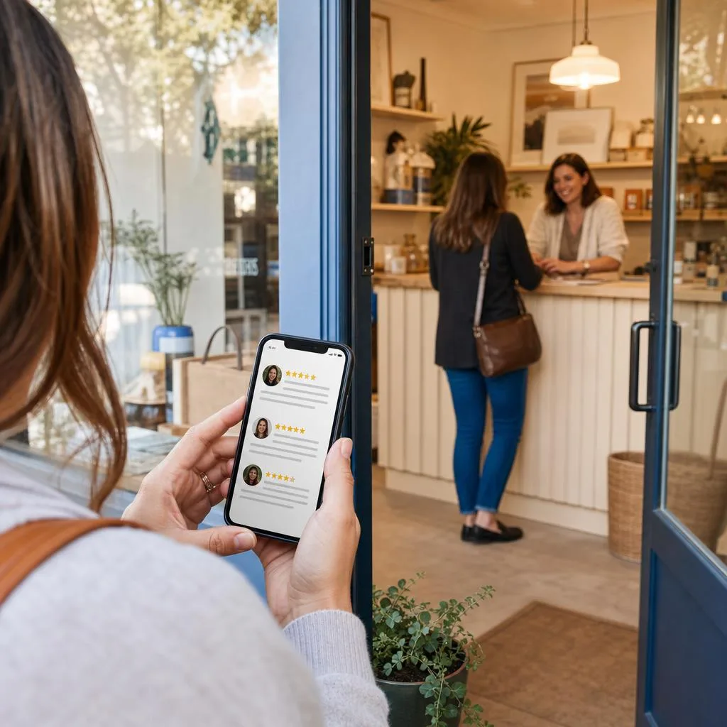 Customer reading online reviews before entering a local business